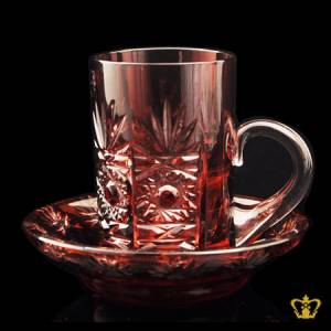 Carmine-red-crystal-tea-cup-and-saucer-embellished-with-enticing-cuts-intense-star-leaf-hand-carved-pattern