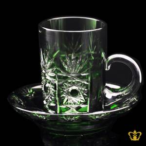 Emerald-green-crystal-tea-cup-and-saucer-embellished-with-enticing-cuts-intense-star-leaf-hand-carved-pattern