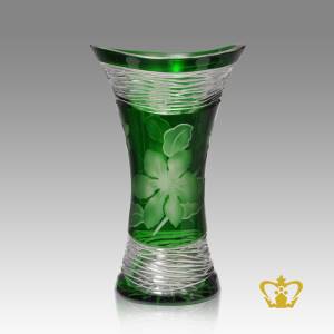 Frosted-floral-pattern-hand-carved-on-green-crystal-vase-allured-with-clear-luminous-ripples