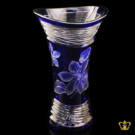 Voguish-blue-elegant-crystal-vase-allured-with-frosted-floral-pattern-enhanced-with-clear-luminous-ripple-waves