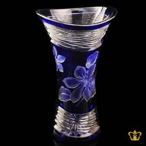 Voguish-blue-elegant-crystal-vase-allured-with-frosted-floral-pattern-enhanced-with-clear-luminous-ripple-waves