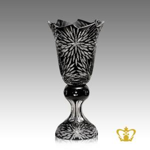 Traditional-style-wave-edged-handcrafted-crystal-footed-black-elegant-long-vase-allured-with-clear-intense-leaf-pattern-decorative-gift