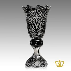 Mysterious-black-footed-crystal-vase-wave-edged-with-luminous-intense-leaf-cuts-handcrafted