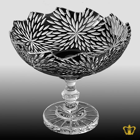 Gorgeous-black-wave-edge-footed-crystal-bowl-handcrafted-with-luminous-intense-leaf-cut
