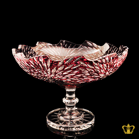 Lovely-ruby-red-handcrafted-crystal-wave-edge-footed-bowl-with-luminous-intense-leaf-cut