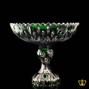 Graceful-green-footed-sophisticated-scalloped-edge-crystal-bowl-adorned-with-handcrafted-intense-leaf-pattern-decorative-gift
