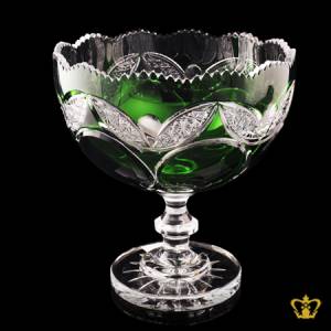 Imperial-scalloped-edge-footed-green-crystal-bowl-adorned-with-striking-intense-handcrafted-leaf-diamond-pattern-alluring-decorative-gift