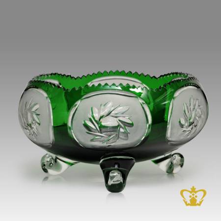 Elegant-footed-green-scalloped-edge-crystal-bowl-enhanced-with-frosted-flower-pattern