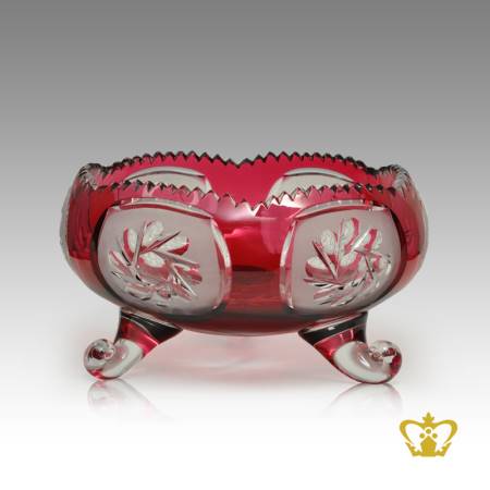 Vintage-timeless-style-carmine-red-elegant-footed-crystal-bowl-adorned-with-scalloped-edge-handcrafted-frosted-floral-pattern
