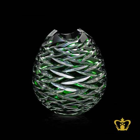 Charming-crown-edge-green-crystal-handcrafted-vase-with-alluring-intense-clear-leaf-cuts
