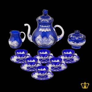 Cobalt-blue-crystal-tea-set-of-6-cups-and-saucer-embellished-with-intense-hand-carved-vintage-pattern
