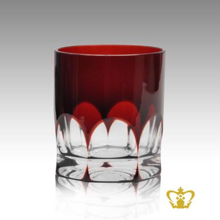 Carmine-red-crystal-tumbler-adorned-with-timeless-precious-clear-deep-wide-curved-facets-pattern-10-oz