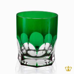 Emerald-green-crystal-tumbler-adorned-with-timeless-precious-clear-deep-wide-curved-facets-pattern-10-oz