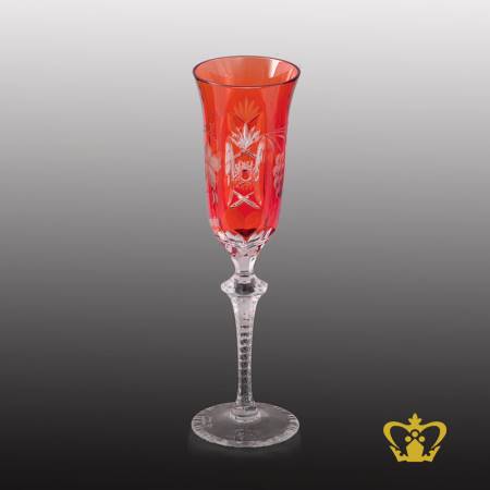 Red-vintage-elegant-crystal-champagne-flute-with-intense-timeless-pattern-enhanced-hand-carved-stylish-clear-stem