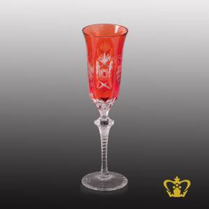 Red-vintage-elegant-crystal-champagne-flute-with-intense-timeless-pattern-enhanced-hand-carved-stylish-clear-stem