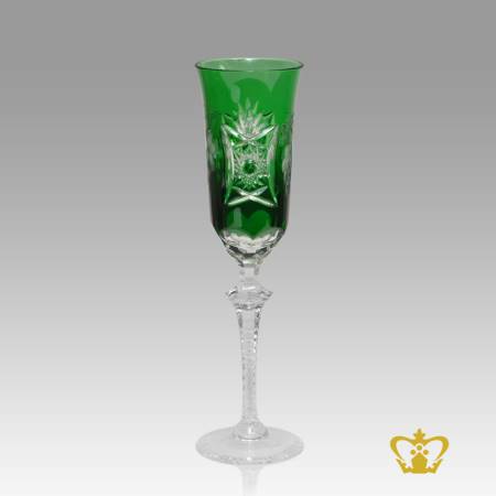Gorgeous-green-vintage-elegant-crystal-champagne-flute-with-intense-traditional-pattern-enhanced-hand-carved-stylish-clear-stem