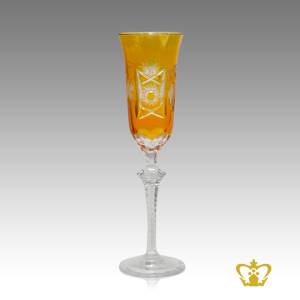 Alluring-amber-vintage-elegant-crystal-champagne-flute-with-intense-timeless-pattern-enhanced-hand-carved-stylish-clear-stem