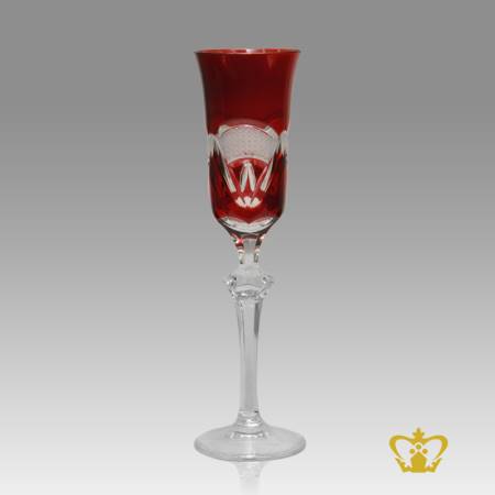 Ruby-red-vintage-elegant-crystal-champagne-flute-with-intense-frosted-pattern-enhanced-hand-carved-stylish-clear-stem