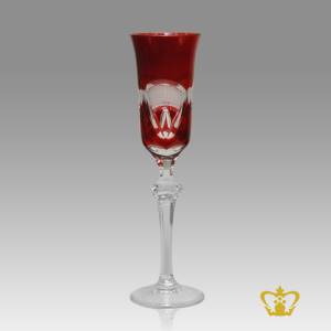 Ruby-red-vintage-elegant-crystal-champagne-flute-with-intense-frosted-pattern-enhanced-hand-carved-stylish-clear-stem