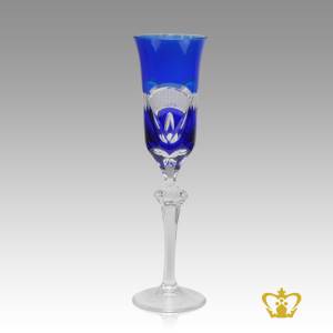 Enchanting-blue-vintage-elegant-crystal-champagne-flute-with-intense-frosted-pattern-enhanced-hand-carved-stylish-clear-stem