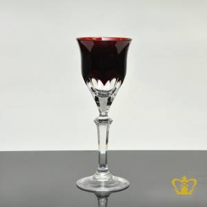 Modest-copper-ruby-tulip-shaped-crystal-liqueur-glass-with-classic-curved-facets-pattern-elegantly-hand-carved-stem