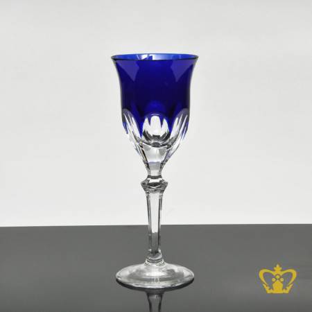 Classic-blue-crystal-liqueur-glass-tulip-shaped-with-curved-facets-pattern-elegantly-hand-carved-stem
