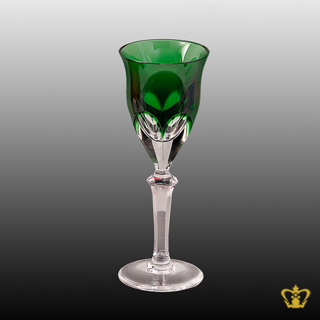 Stylish-vintage-green-tulip-shaped-crystal-liqueur-glass-with-curved-facets-pattern-elegantly-hand-carved-stem