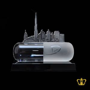 Customized-crystal-capsule-trophy-with-black-base-personalize-text-engraving-logo-base-UAE-famous-gifts