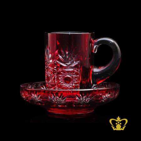 Ruby-red-crystal-tea-cup-and-saucer-embellished-with-enticing-cuts-intense-star-leaf-hand-carved-pattern
