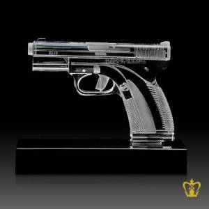 Handcrafted-Crystal-Pistol-Replica-stands-on-Black-Base-Customized-Text-Engraving-Logo-Base