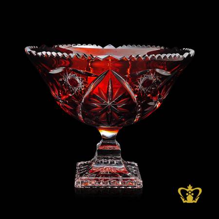Stylish-charismatic-scalloped-edge-red-footed-crystal-bowl-ornamented-with-modish-handcrafted-leaf-pattern-decorative-gift