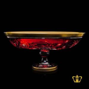 Beautiful-magnificent-striking-red-footed-oval-crystal-bowl-adorned-with-golden-rim-and-frosted-floral-pattern