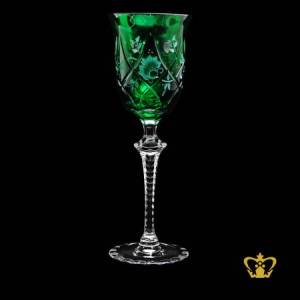 Emerald-green-enchanting-red-wine-crystal-goblet-allured-with-hand-carved-elegant-stem-and-frosted-floral-print