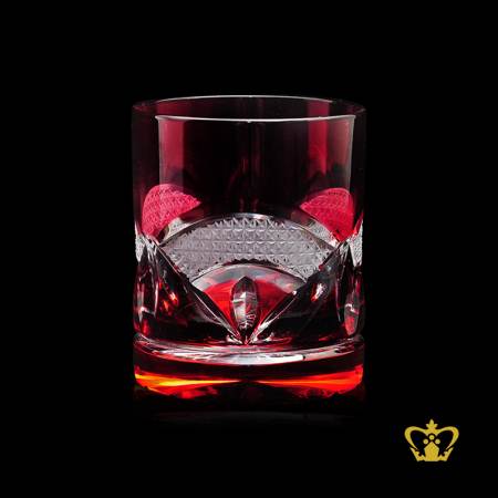 Carmine-red-whisky-tumbler-adorned-with-frosted-intense-cut-pattern-hand-carved-timeless-enchanting-modish-glass