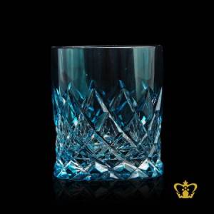 Voguish-cyan-blue-crystal-whisky-glass-tumbler-adorned-with-alluring-hand-cut-diamond-pattern-rising-from-bottom-10-oz