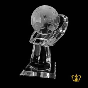Personalized-crystal-hand-with-globe-for-desktop-customized-with-your-name-designation-logo