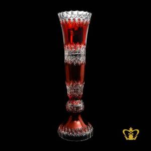 Magnificent-red-long-splendid-footed-crystal-vase-adorned-with-intense-clear-handcrafted-cuts