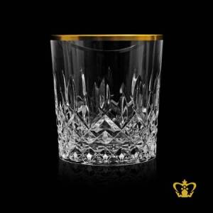 Sophisticated-crystal-whiskey-tumbler-traditional-look-with-diamond-cuts-rising-from-bottom-with-leaf-cuts-golden-rim-glass-10-oz