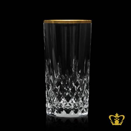 Traditional-Large-Highball-tall-glass-handcrafted-cuts-rising-from-extremity-alluring-elegant-golden-rim-crystal-tumbler-12-oz