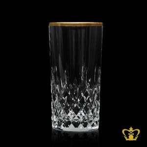 Traditional-Large-Highball-tall-glass-handcrafted-cuts-rising-from-extremity-alluring-elegant-golden-rim-crystal-tumbler-12-oz