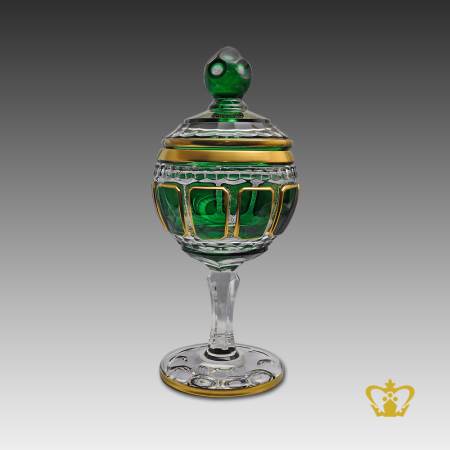 Gorgeous-green-crystal-candy-jar-adorned-with-alluring-gold-pattern-exceptional-elegant-decorative-gift