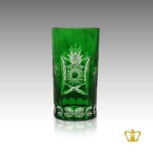 Alluring-green-crystal-tumbler-adorned-with-intense-grapevine-star-hand-cut-pattern-clear-dimple-motif-carved-around-bottom-8-oz