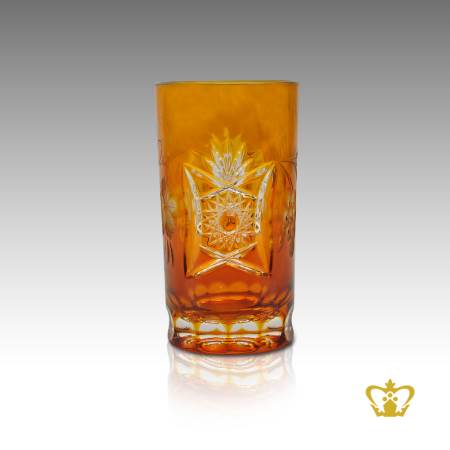Amber-precious-crystal-glass-tumbler-intense-hand-cut-star-grapevine-pattern-clear-dimple-motif-carved-around-bottom-8-oz