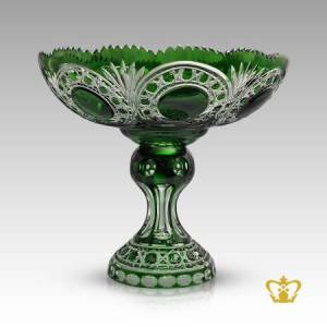 Magnificent-green-crystal-footed-bowl-handcrafted-with-traditional-intense-star-and-leaf-pattern-decorative-gift