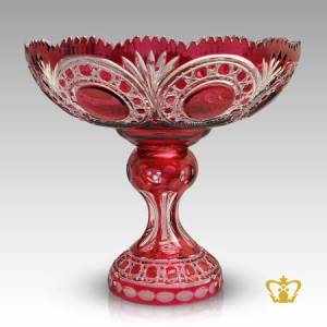 Elegant-carved-footed-red-crystal-bowl-adorned-with-enchanting-handcrafted-star-leaf-intense-pattern-decorative-gift
