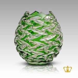 Enchanting-crown-edge-green-crystal-vase-handcrafted-with-clear-intense-leaf-cuts