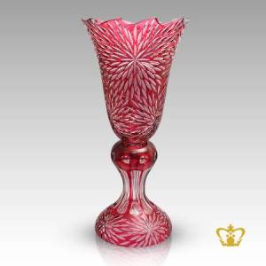 Alluring-ruby-red-crystal-vase-with-luminous-intense-galaxy-of-leaf-cuts