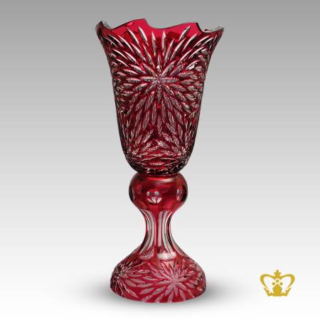 Charming-stylish-red-crystal-footed-vase-adorned-with-handcrafted-intense-clear-leaf-pattern-decorative-gift
