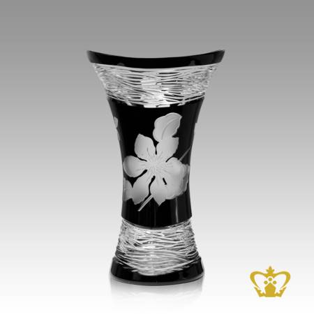 Modish-black-elegant-crystal-vase-allured-with-frosted-floral-pattern-enhanced-with-clear-luminous-ripple-waves