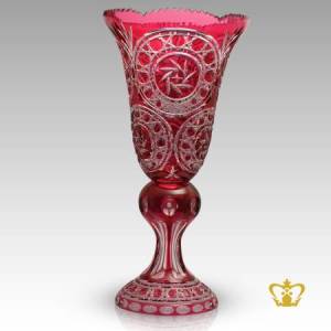 Graceful-ruby-red-long-footed-elegant-crystal-vase-embellished-with-trendy-hand-carved-pattern